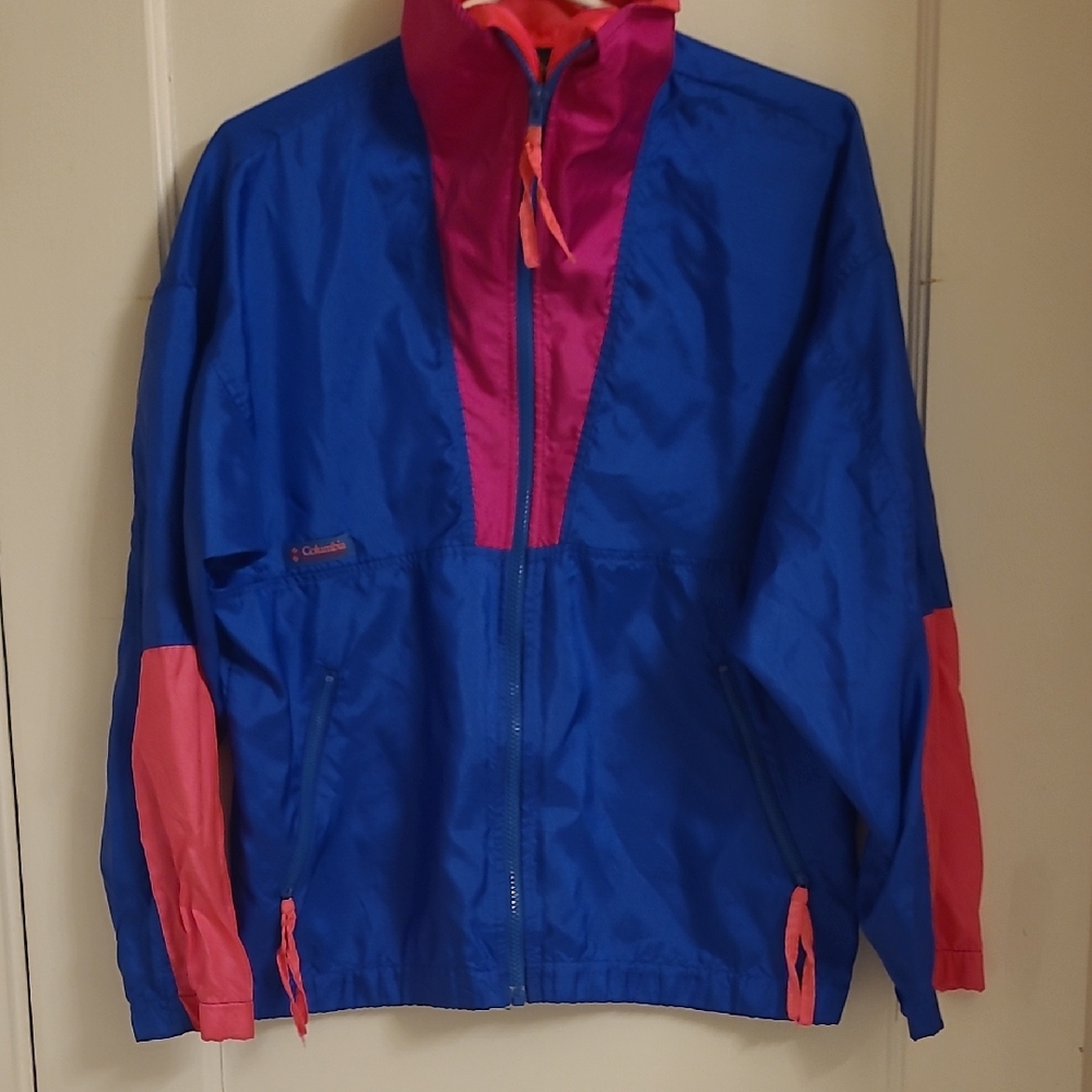 Columbia Women's Medium Vibrant Blue and Pink Raincoat 90s Retro